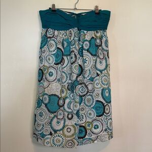 Teal and White Patterned Strapless Dress with circles pattern